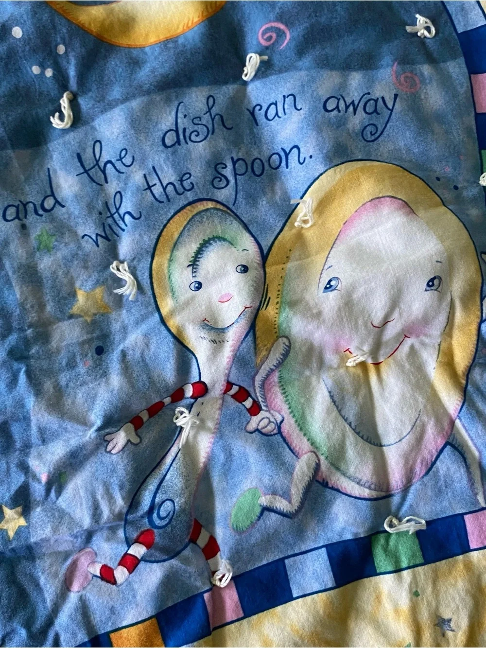 Vtg Hey Diddle Diddle Nursery Rhyme Baby Blanket Stars Cow Celestial Moon Dog